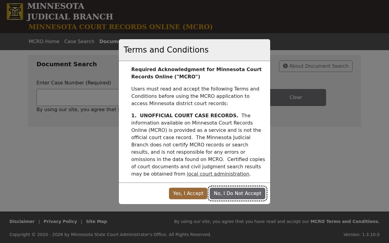 Mahnomen County warrant records document search interface on the Minnesota Court Records Online site