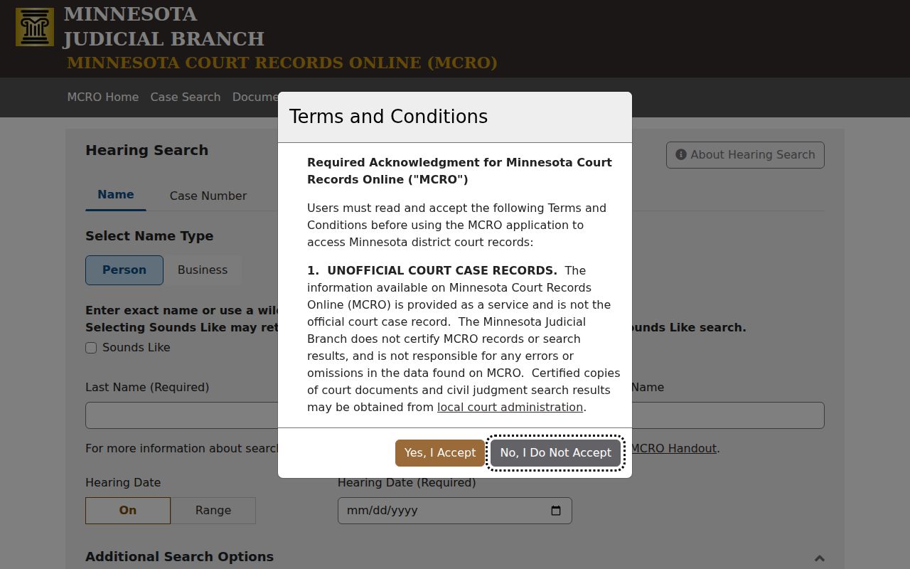 Mahnomen County warrant records hearing search interface on the Minnesota Court Records Online site