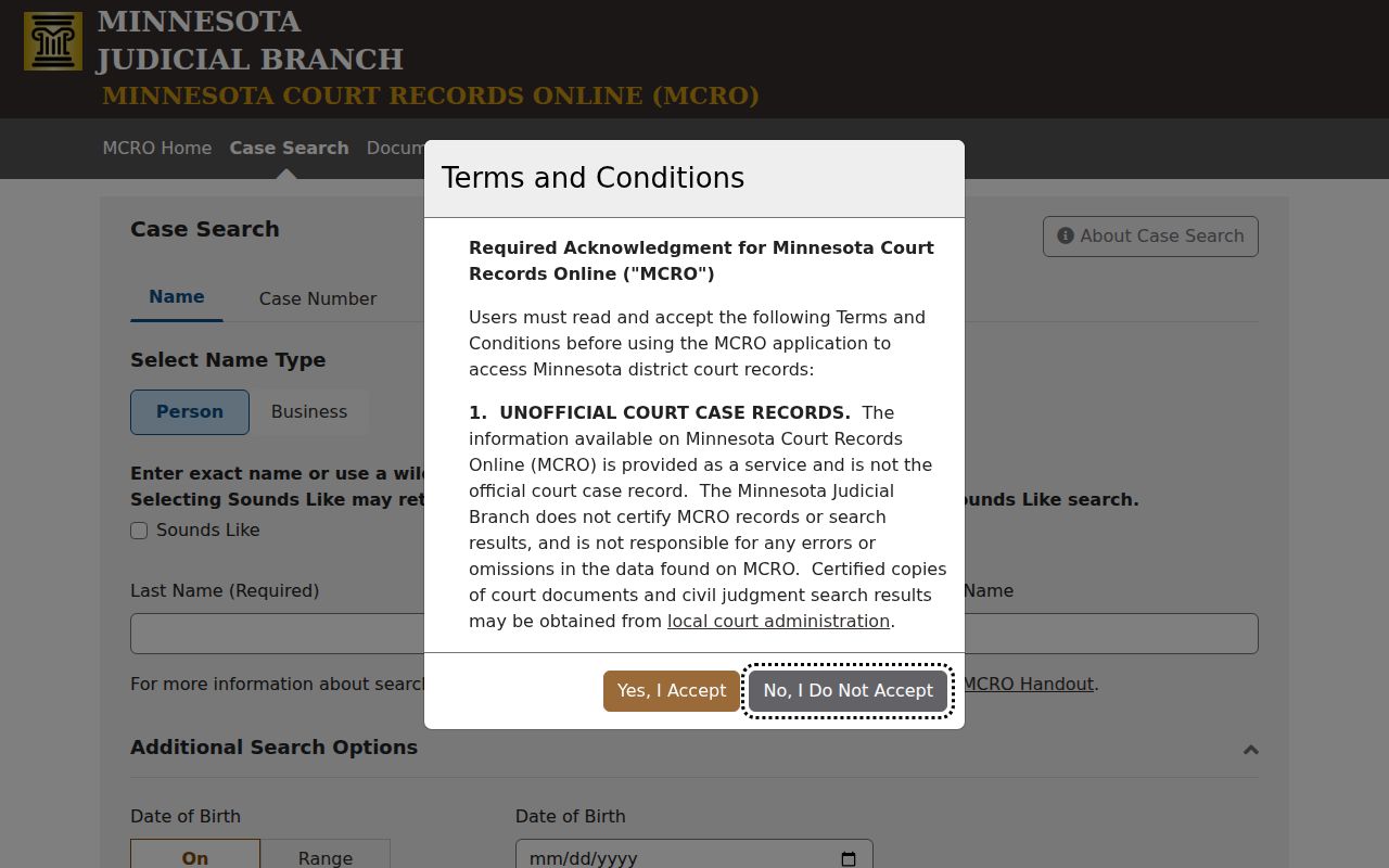 Mahnomen County warrant records search terms screen on the Minnesota Court Records Online case search