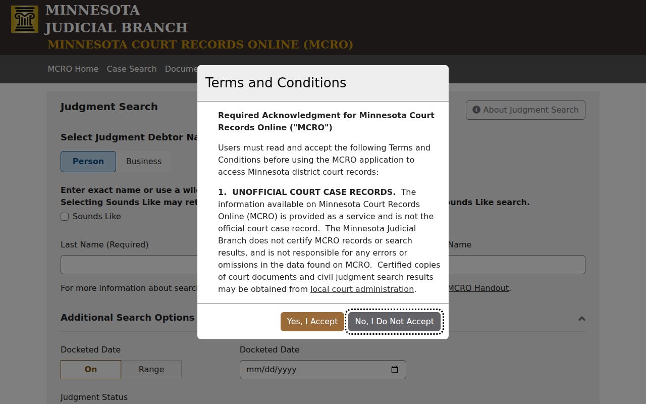 Mahnomen County active warrant check and MCRO judgment search interface
