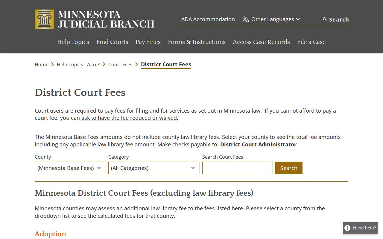 Mahnomen County traffic warrant records and the Minnesota district court fee selector