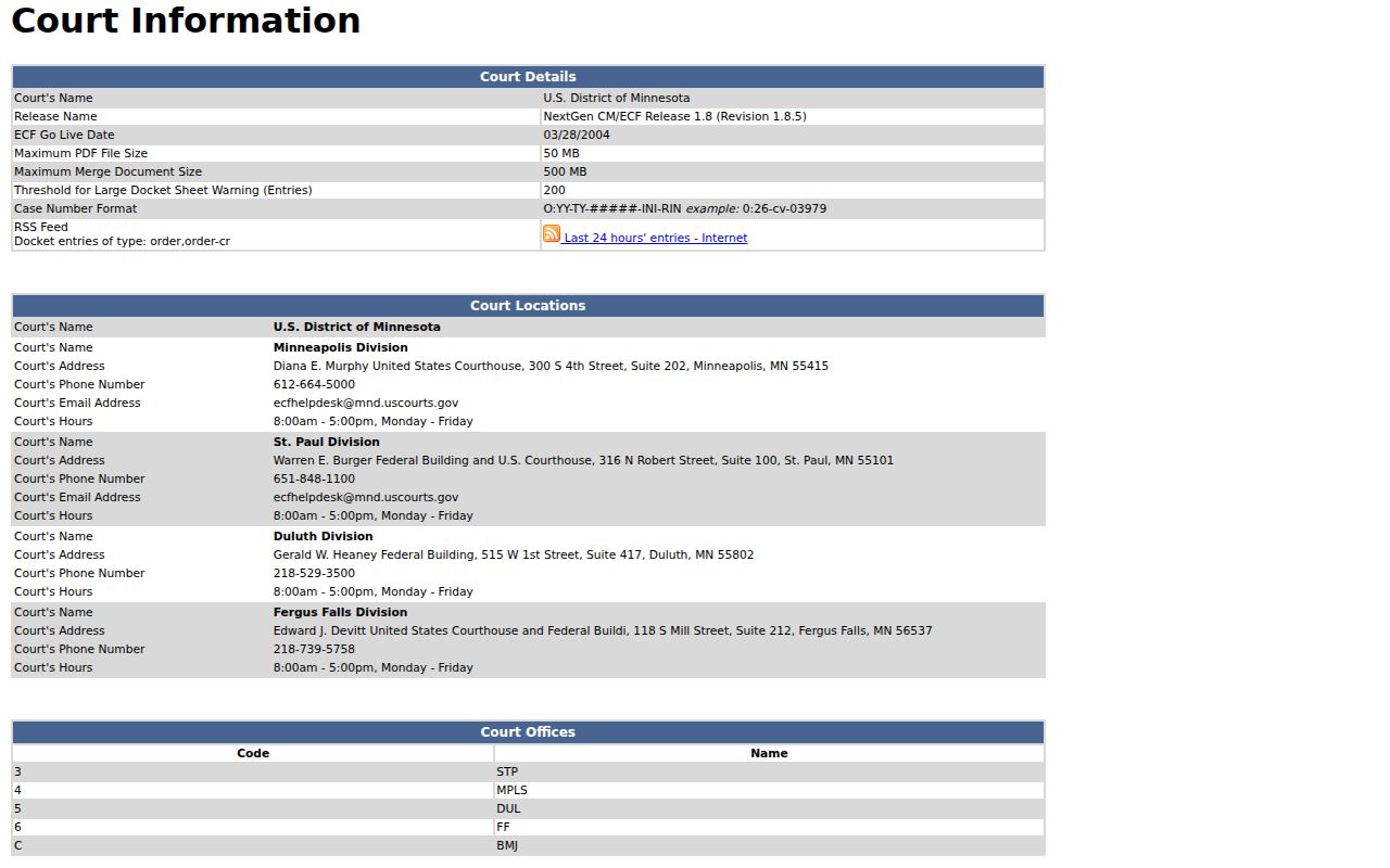 Mahnomen County arrest warrant lookup and federal CM/ECF court locations